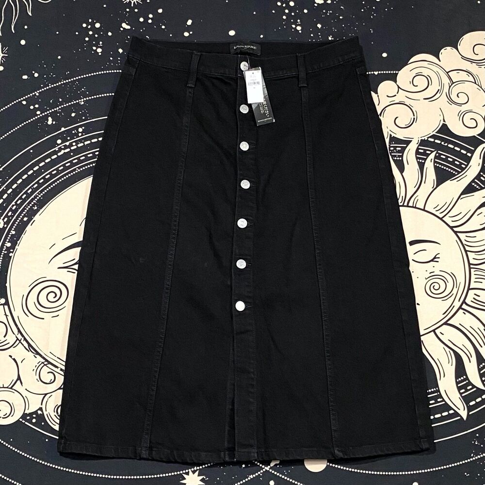 Banana Republic Midi Skirt Women's 10 Black Denim A-Line Streetwear Outdoor